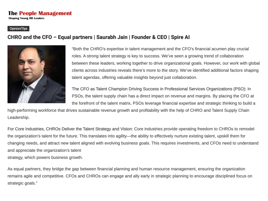 Spire.AI Founder and CEO Saurabh Jain's thoughts on the collaboration between CFOs and CHROs in The People Management magazine.